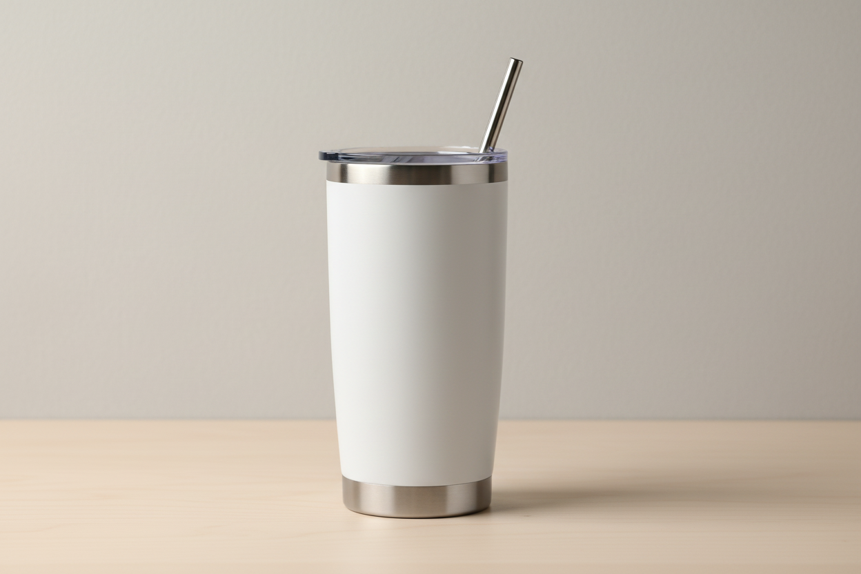 Classic terästumbleri teräspillillä Black, White & Pink (590ml)